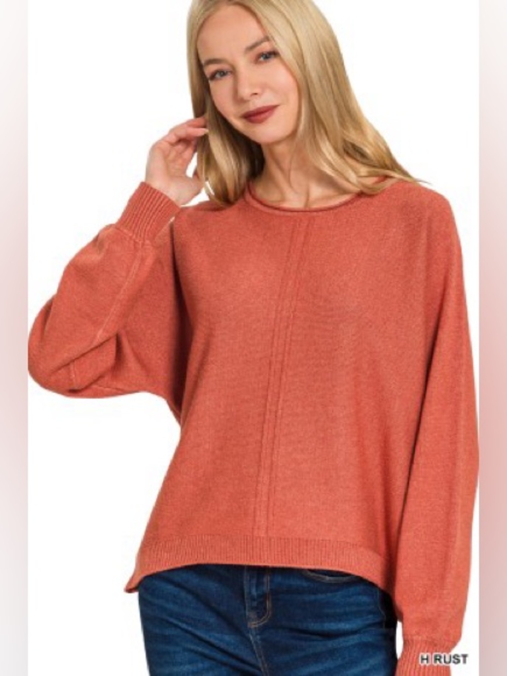 Rust Viscose Front Seam Round Neck Sweater | Soft Lightweight Knit - Picture 2 of 3